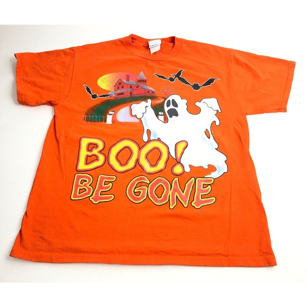 Vintage 90s Bobbie Brooks Boo! Be Gone Halloween T Shirt Adult L Orange